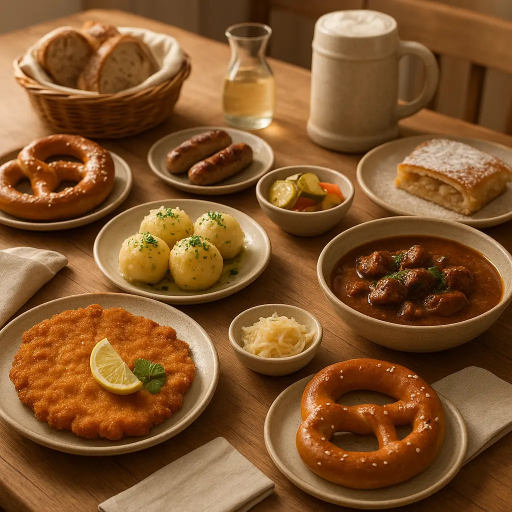 Einladender Tisch mit österreichischen und mitteleuropäischen Gerichten